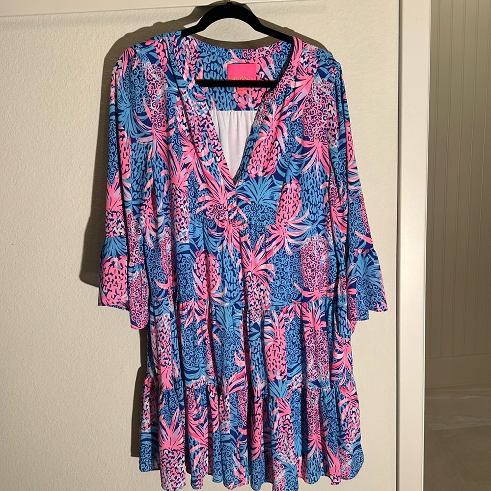 Lilly Pulitzer Flouncy Blue and Pink dress with bell sleeves, ruffles. NWOT SZ16